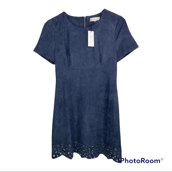 NWT Sugar + Lips Navy Faux Suede Dress Pewter Grommet Hem Fit & Flair Size Small - Picture 4 of 16